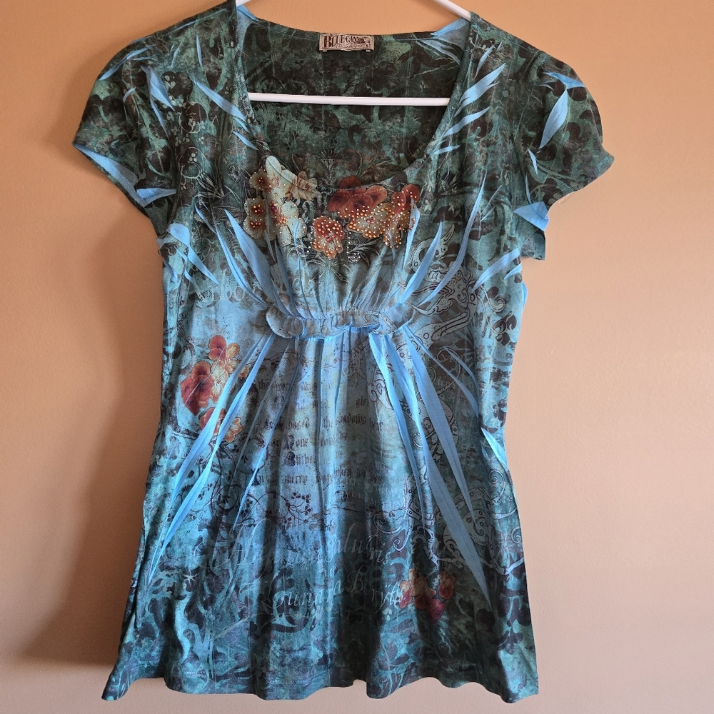 Blue Canyon Floral Embellished Short Sleeve Scoop Top PTP=17"